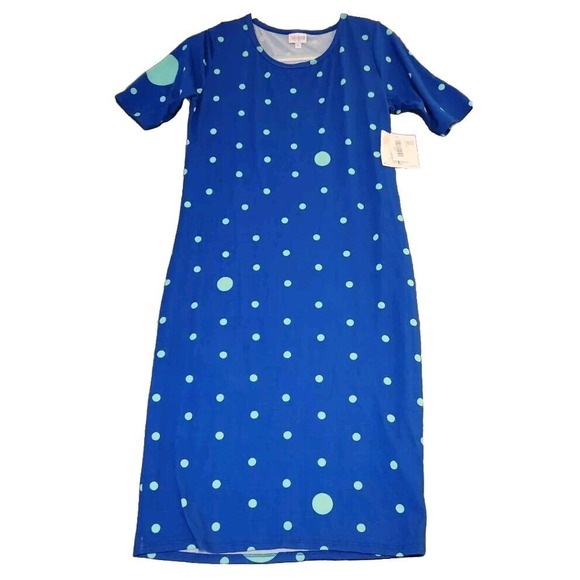 NWT LuLaRoe Julia Dress Knee Length‎ Scoop Polka Dot Royal Blue Aqua Size Large - Picture 1 of 11